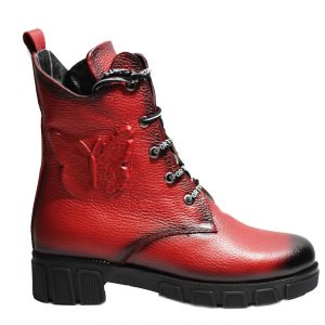жіночі шкіряні черевики червоного кольору з тисненням на натуральному хутрі